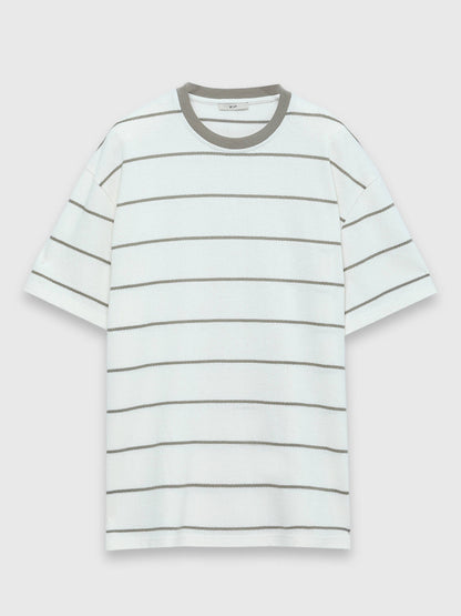 Ekru Çizgili Pamuk Karışımlı T-shirt