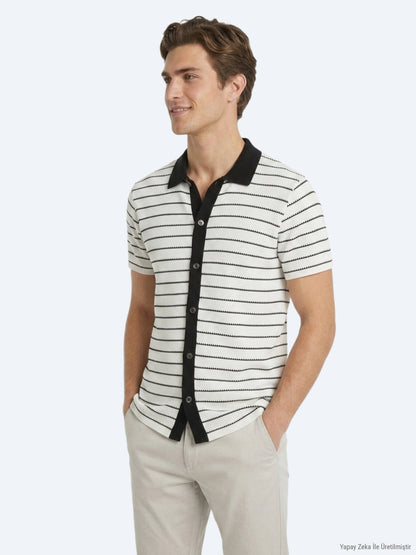 Ekru Çizgili Regular Fit Kısa Casual Pamuk Karışımlı Gömlek