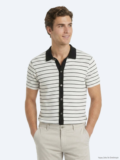 Ekru Çizgili Regular Fit Kısa Casual Pamuk Karışımlı Gömlek