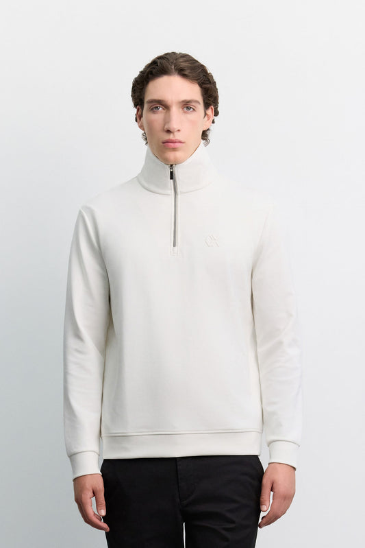 Ekru Dik Yaka Fermuarlı Baskılı Kolay Ütülenen Interlok Sweatshirt