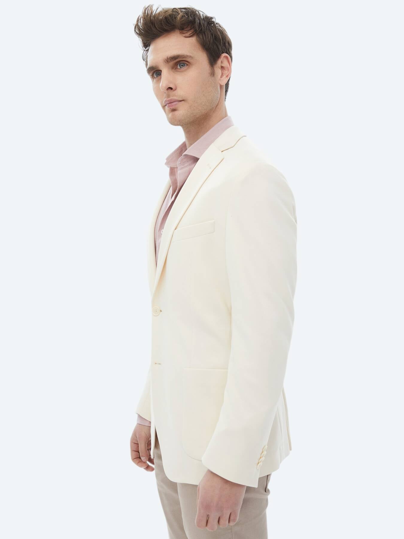 Ekru Düz Modern Fit Örme Ceket