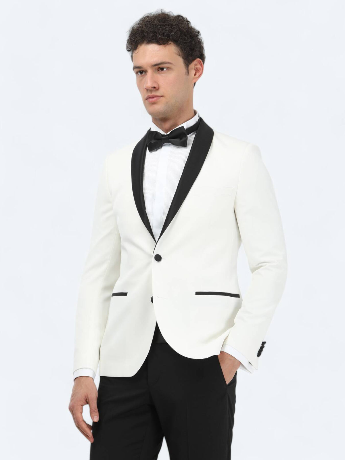 Ekru Düz Slim Fit Şal Yaka Dokuma Smokin Takım Elbise