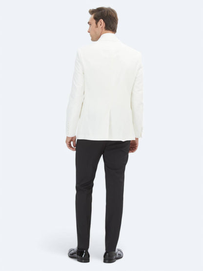 Ekru Düz Slim Fit Kruvaze Yaka Dokuma Smokin Takım Elbise