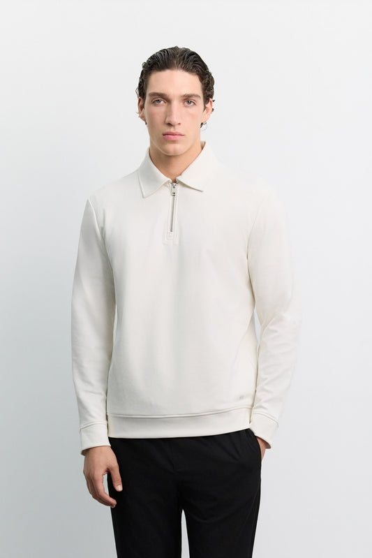 Ekru Polo Yaka Fermuarlı Kolay Ütülenen Sweatshirt