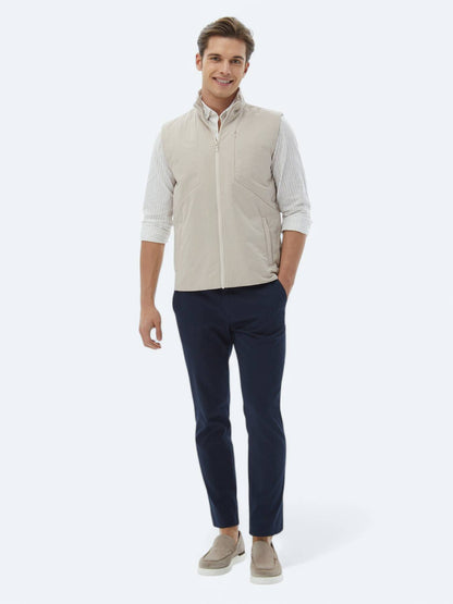 Ekru Regular Fit Dik Yaka Casual Dokuma Spor Yelek