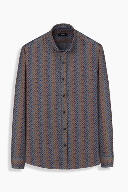 Eleta Uzun Kol Slim Desenli Gri Gömlek