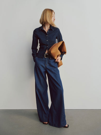 Koyu Mavi Denim Fitted Crop Gömlek