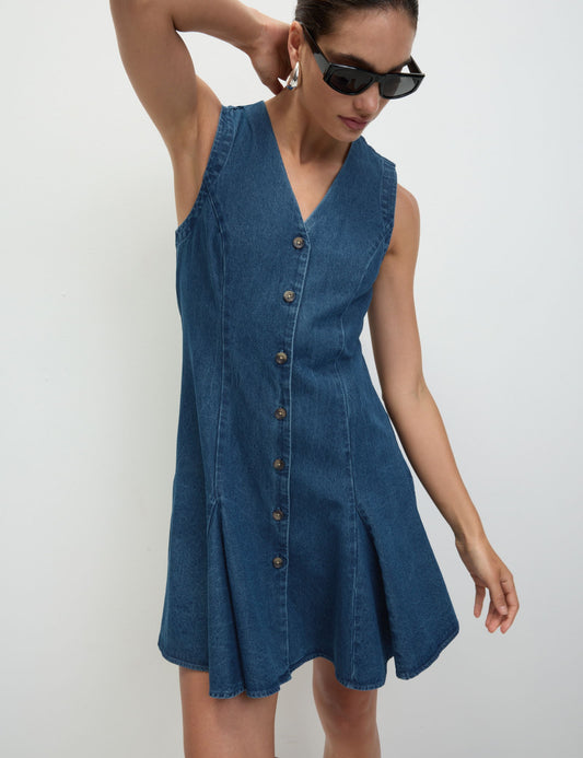 Saf Pamuklu Denim Mini Shift Elbise