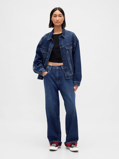 Koyu Mavi Stranger Things Flannel-astarlı Extra Baggy Jean Pantolon