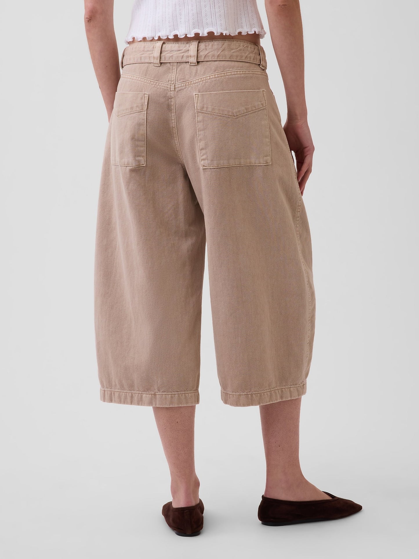 Bej Mid Rise Kemerli Culotte Barrel Pantolon
