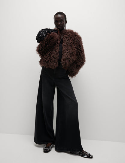 Suni Kürk Yakasız Kısa Kaban