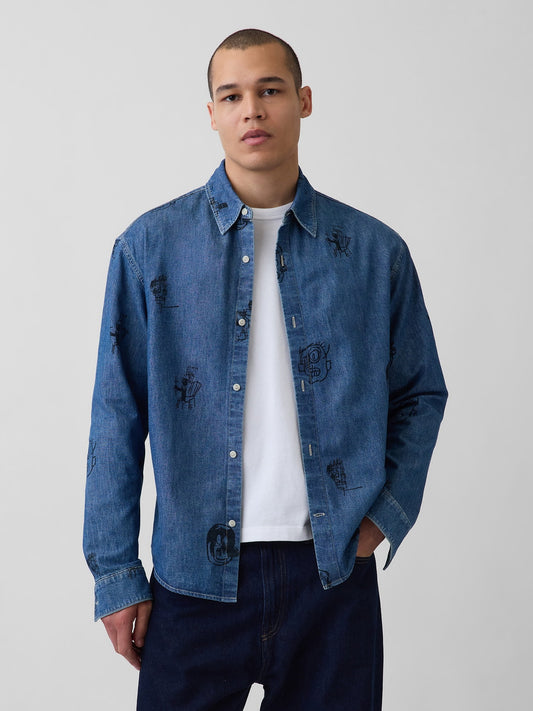 Mavi Jean-michel Basquiat Baskılı Denim Gömlek