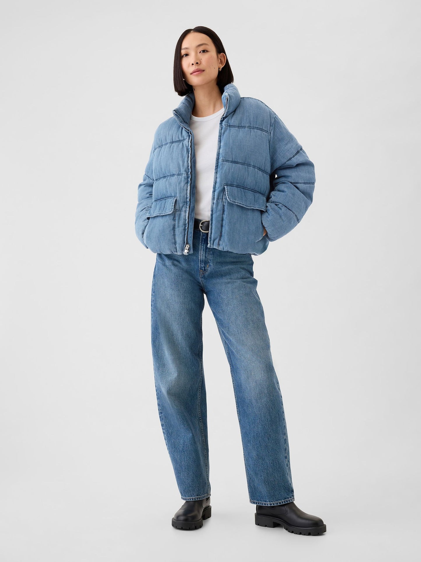 Açık Mavi Oversize Denim Puffer Şişme Ceket