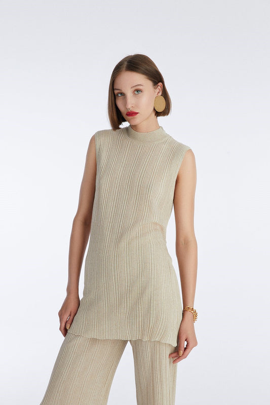 Bej Uzun Fitilli Triko Bluz