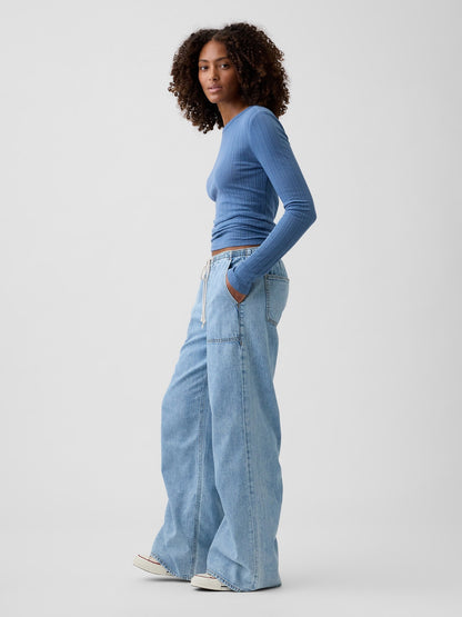 Açık Mavi Mid Rise Pull-on Superlight Wide-leg Jean Pantolon