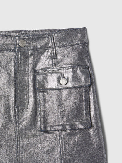 Gri Parlak Kargo Denim Etek