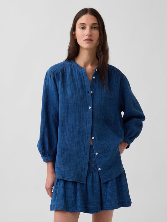 Koyu Mavi Pamuk Gauze Denim Oversized Yakasız Gömlek