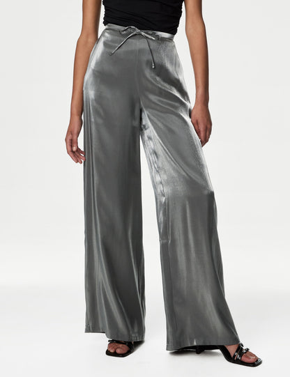 Yüksek Bel Metalik Wide Leg Pantolon