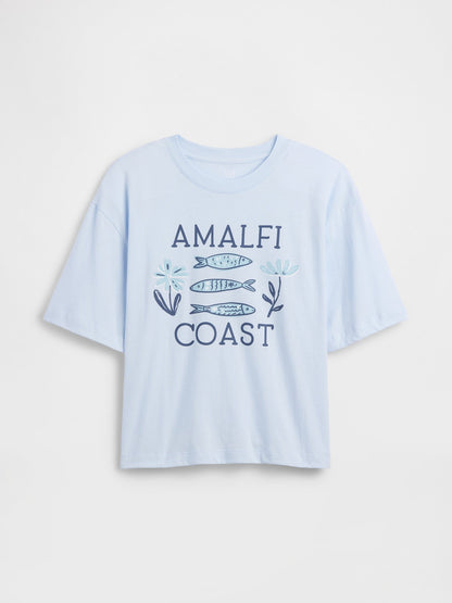 Açık Mavi Boxy Grafik Baskılı T-shirt