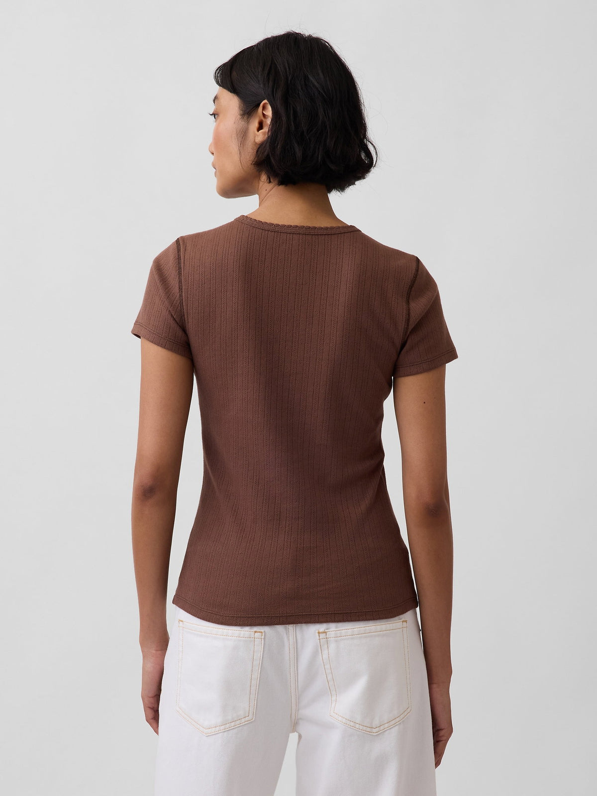 Kahverengi Pointelle Bisiklet Yaka T-shirt