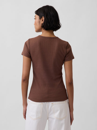 Kahverengi Pointelle Bisiklet Yaka T-shirt