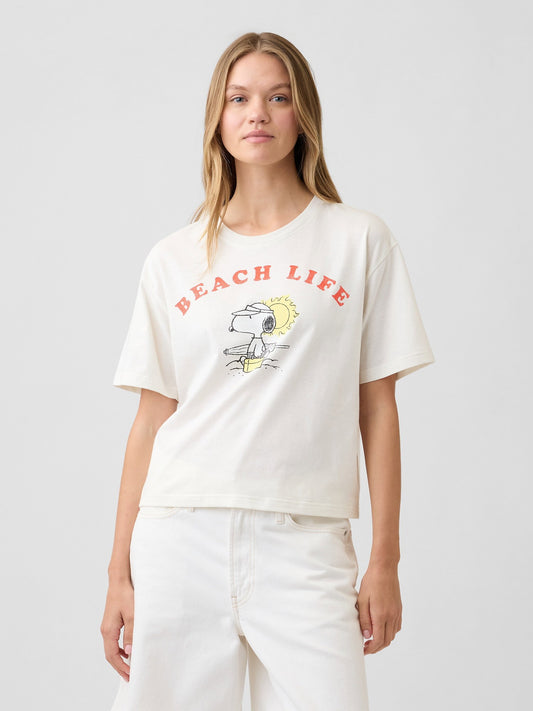 Beyaz Peanuts Oversized Grafik Baskılı T-shirt