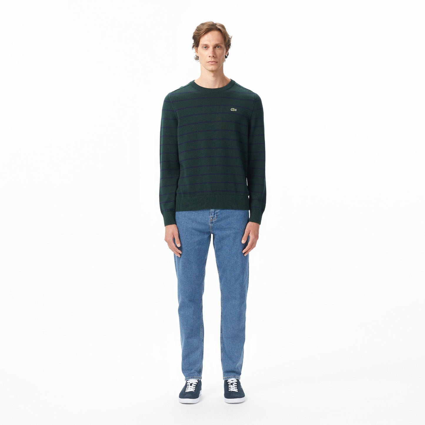 Lacoste Erkek Classic Fit Bisiklet Yaka Çizgili Yeşil Kazak
