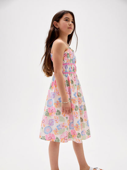 Çok Renkli Baskılı Smocked Midi Elbise
