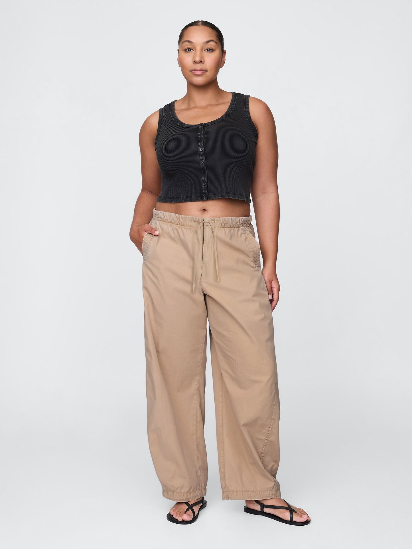 Bej Mid Rise Barrel Paraşüt Pantolon
