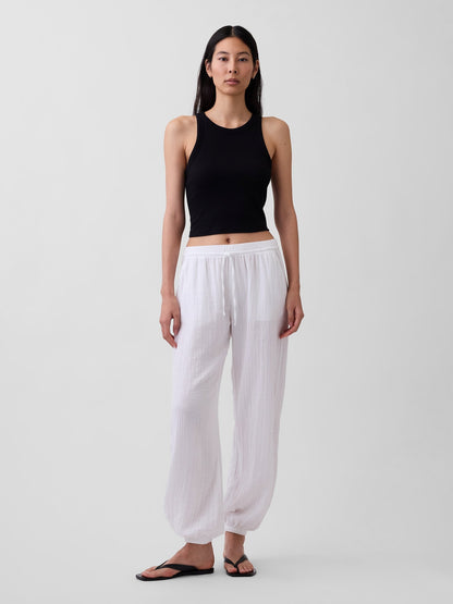 Beyaz Pamuk Gauze Barrel Jogger Pantolon