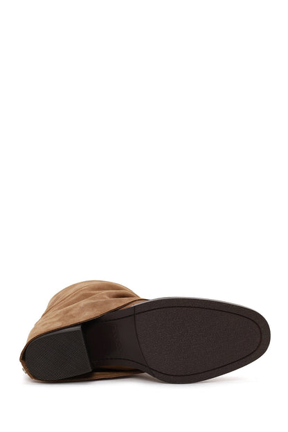 Kadın Bej Kalın Topuklu Süet Deri Bot