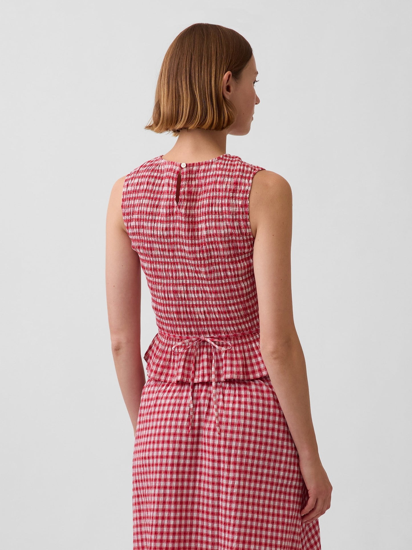Kırmızı Smocked Gingham Crop Peplum Üst
