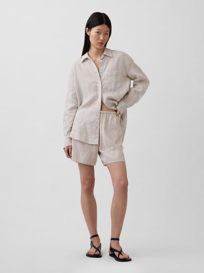 Bej 100% Keten Oversize Gömlek