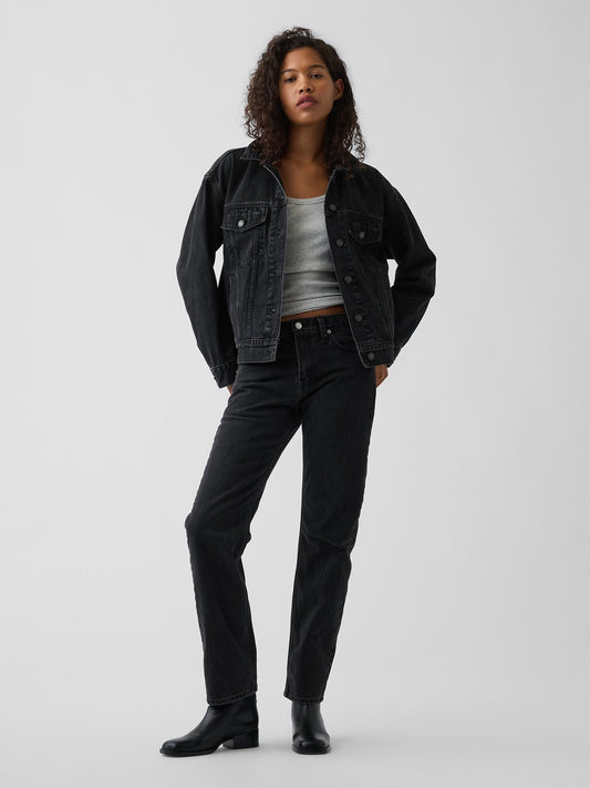 Siyah Mid Rise Straight Taper Jean Pantolon