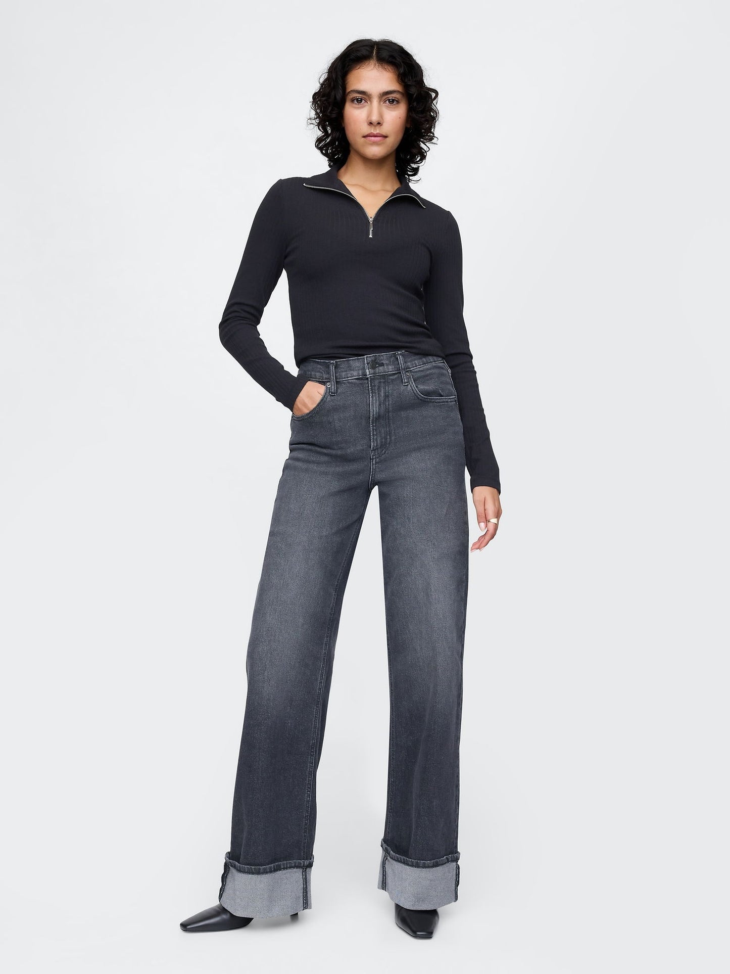 Siyah High Rise Stride Wide-leg Jean Pantolon
