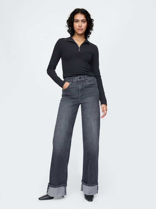 Siyah High Rise Stride Wide-leg Jean Pantolon