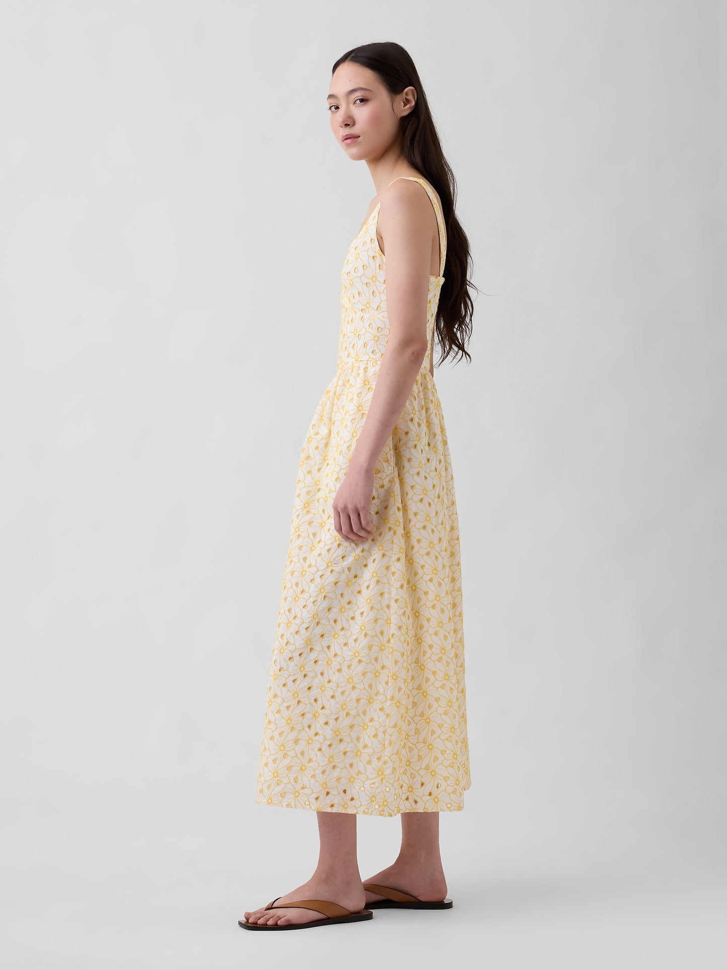 Sarı Eyelet Seamed Drop-waist Maxi Elbise