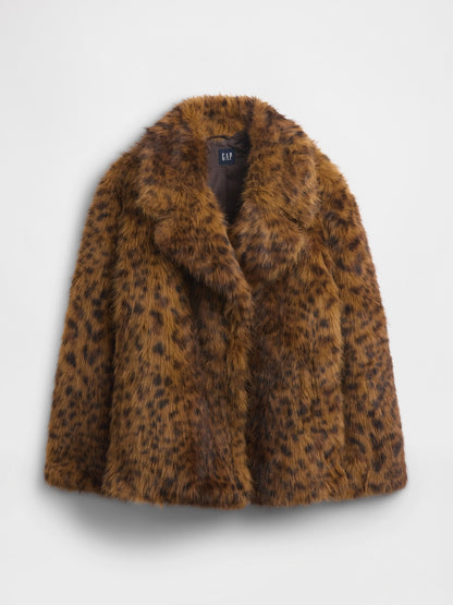 Kahverengi Leopar Faux Fur Palto
