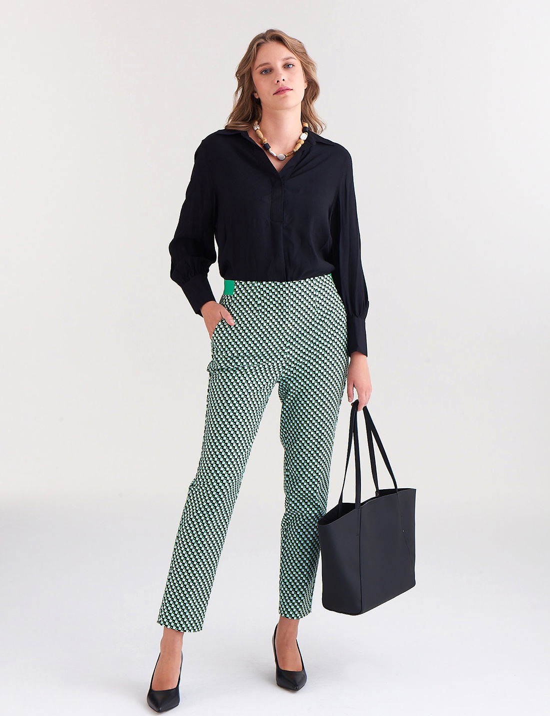Slim Fit Desenli Yüksek Bel Pantolon