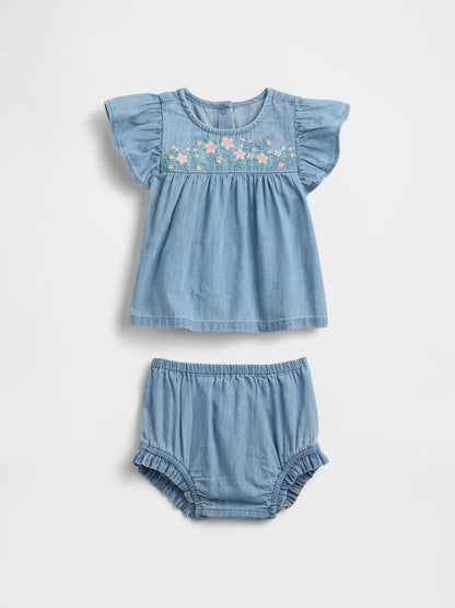 Mavi Denim Işlemeli Outfit Set