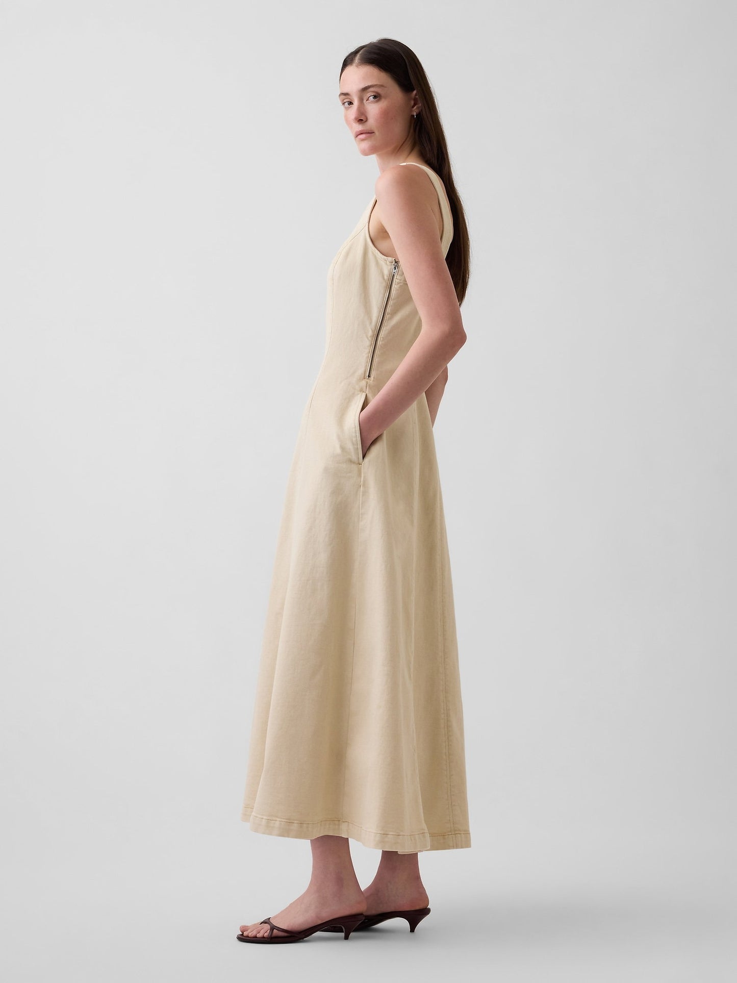 Bej Scoop Neck Maxi Elbise