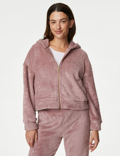 Yıldız Desenli Kapüşonlu Polar Pijama Üstü
