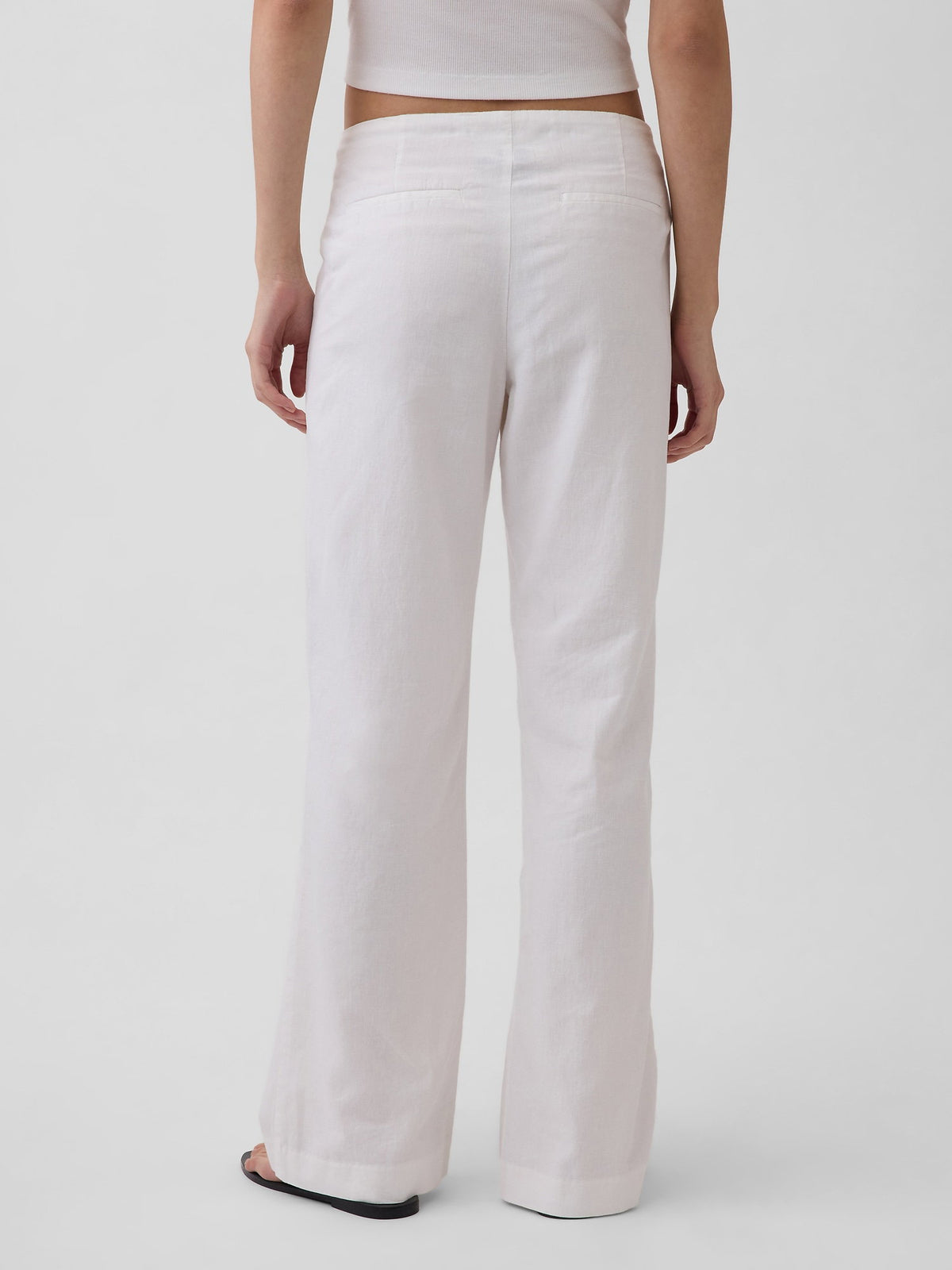 Beyaz Low Rise Keten Karışımlı Flare Pantolon