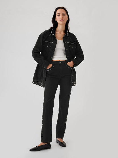 Siyah High Rise Studded '90s Straight Jean Pantolon
