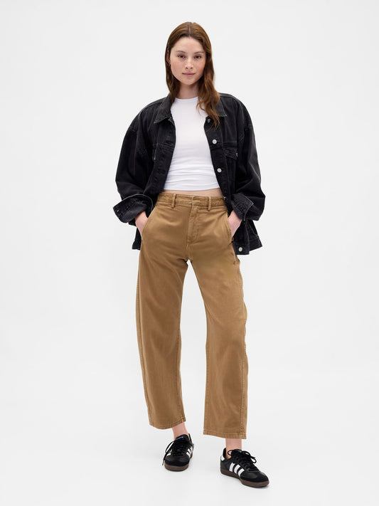 Kahverengi Mid Rise Twill Barrel Pantolon