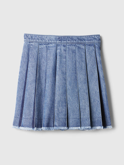 Mavi Pileli Denim Mini Etek