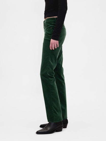 Yeşil Low Rise Kadife '90s Slim Pantolon