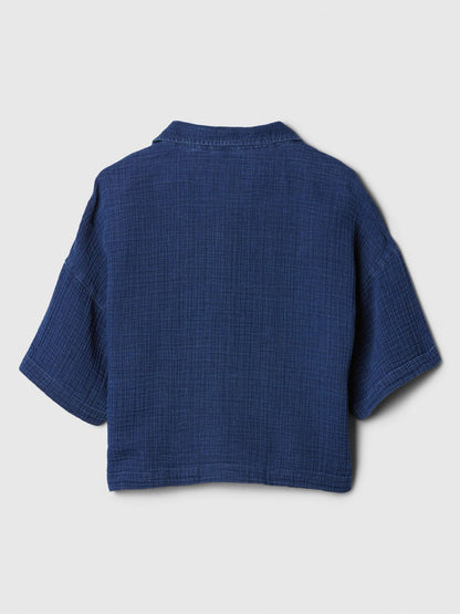 Koyu Mavi Gauze Crop Bluz
