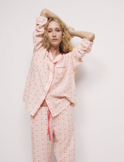 Pamuk Karışımlı Kareli Kalp Desenli Pijama Üstü
