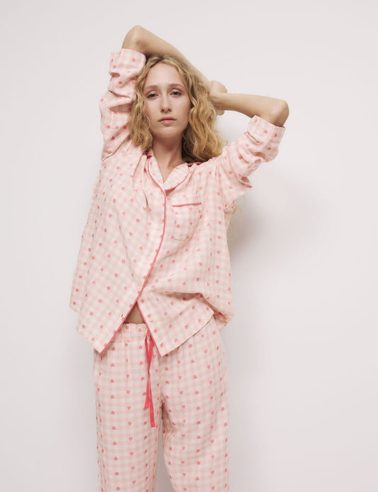 Pamuk Karışımlı Kareli Kalp Desenli Pijama Üstü